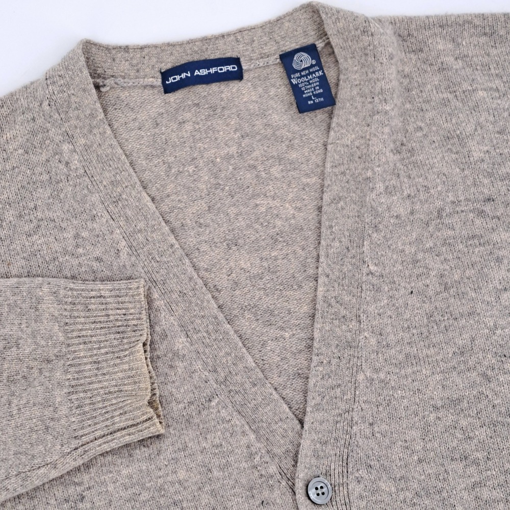 John Ashford Cardigan Sweater Mens Large 100% Wool Gray Solid Button V-Neck